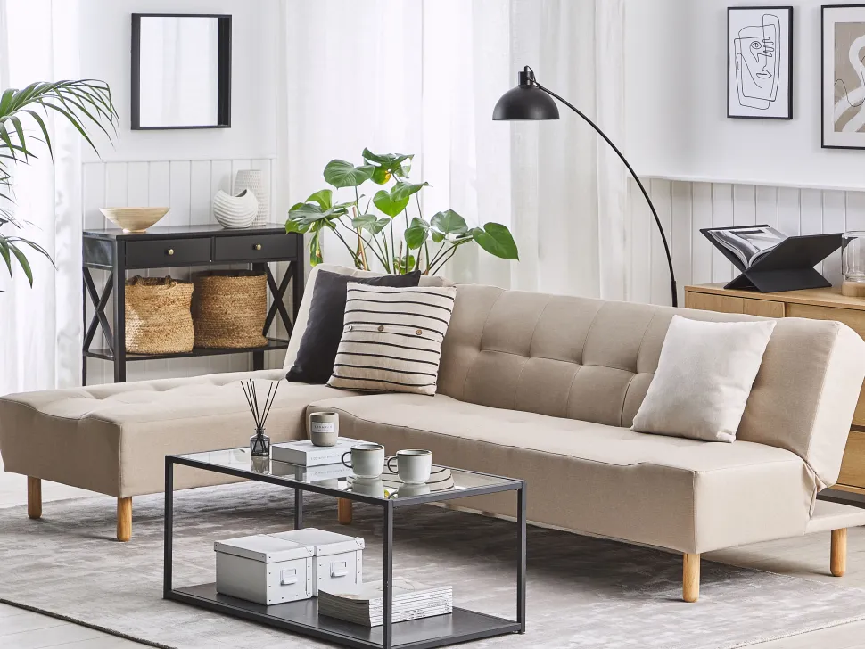 Right Hand Fabric Corner Sofa Bed Beige Alsten