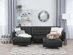 Right Hand Faux Leather Corner Sofa With Ottoman Black Aberdeen