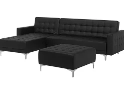 Right Hand Faux Leather Corner Sofa With Ottoman Black Aberdeen