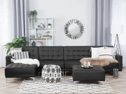 Right Hand Modular Faux Leather Sofa With Ottoman Black Aberdeen