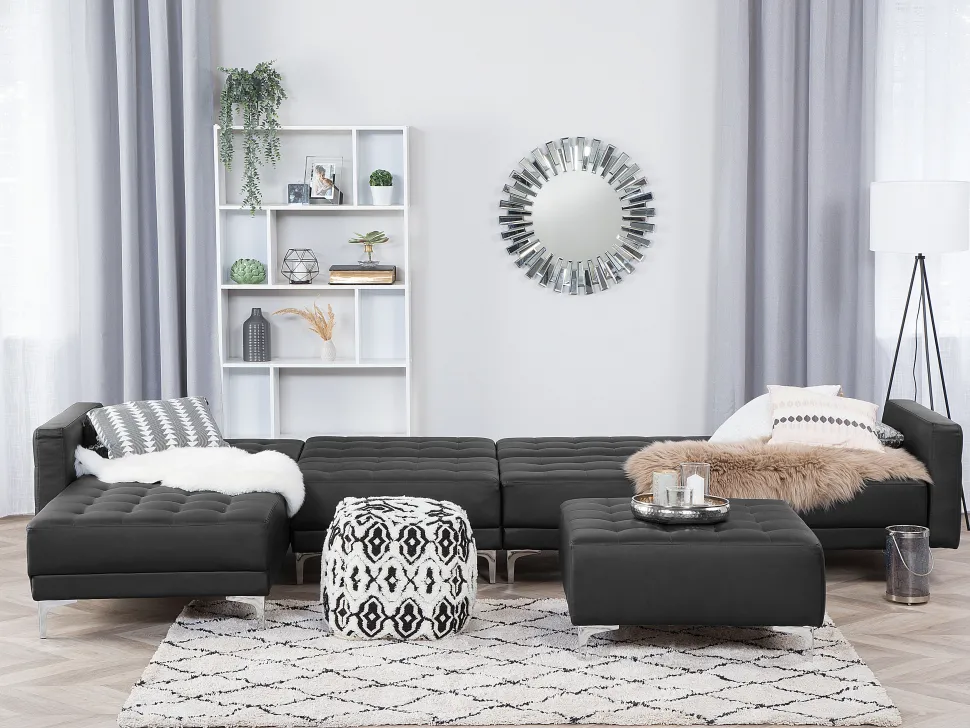 Right Hand Modular Faux Leather Sofa With Ottoman Black Aberdeen