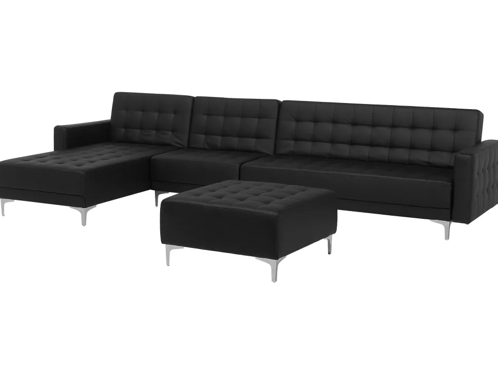 Right Hand Modular Faux Leather Sofa With Ottoman Black Aberdeen