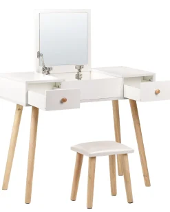 Schminktisch Mit 2 Schubladen, Hochklappbarem Spiegel Und Hocker Weis Brioude