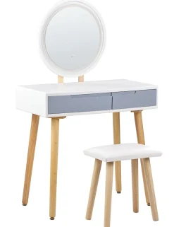 Schminktisch Mit 2 Schubladen, Led-Spiegel Und Hocker Weis/Grau Josselin