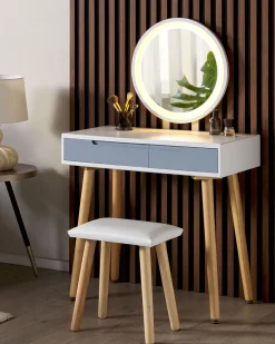 Schminktisch Mit 2 Schubladen, Led-Spiegel Und Hocker Weis/Grau Josselin