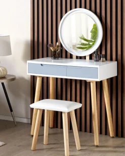 Schminktisch Mit 2 Schubladen, Led-Spiegel Und Hocker Weis/Grau Josselin