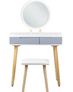 Schminktisch Mit 2 Schubladen, Led-Spiegel Und Hocker Weis/Grau Josselin