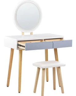 Schminktisch Mit 2 Schubladen, Led-Spiegel Und Hocker Weis/Grau Josselin