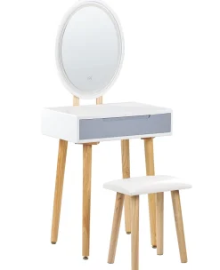 Schminktisch Mit 1 Schublade, Led-Spiegel Und Hocker Weis/Grau Vesoul