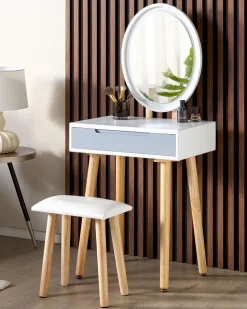Schminktisch Mit 1 Schublade, Led-Spiegel Und Hocker Weis/Grau Vesoul