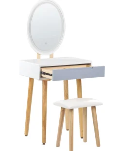 Schminktisch Mit 1 Schublade, Led-Spiegel Und Hocker Weis/Grau Vesoul