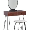 Schminktisch Mit Ovalem Led-Spiegel Hocker 2 Schubladen Dunkler Holzfarbton / Schwarz Loix