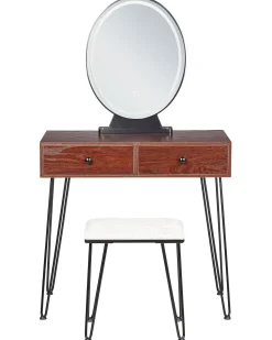 Schminktisch Mit Ovalem Led-Spiegel Hocker 2 Schubladen Dunkler Holzfarbton / Schwarz Loix