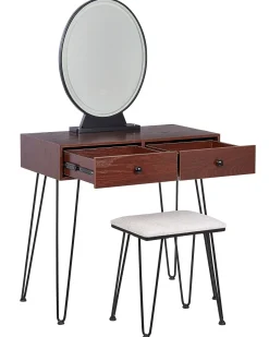 Schminktisch Mit Ovalem Led-Spiegel Hocker 2 Schubladen Dunkler Holzfarbton / Schwarz Loix