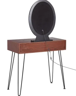 Schminktisch Mit Ovalem Led-Spiegel Hocker 2 Schubladen Dunkler Holzfarbton / Schwarz Loix