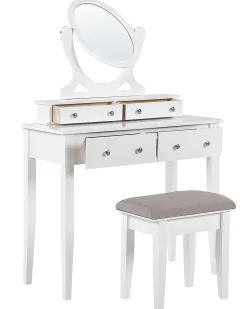 Schminktisch Mit Ovalem Spiegel Hocker 4 Schubladen Weis Lune