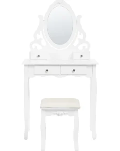 Schminktisch Mit Ovalem Spiegel Hocker 4 Schubladen Weis Amour