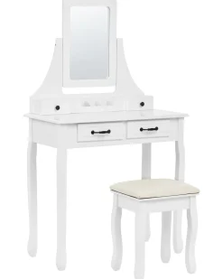 Schminktisch Mit Rechteckigem Spiegel Hocker 5 Schubladen Weis Rayon