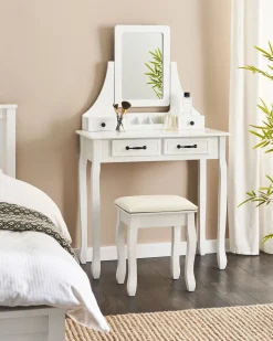 Schminktisch Mit Rechteckigem Spiegel Hocker 5 Schubladen Weis Rayon