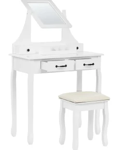 Schminktisch Mit Rechteckigem Spiegel Hocker 5 Schubladen Weis Rayon