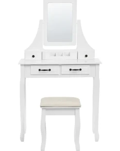 Schminktisch Mit Rechteckigem Spiegel Hocker 5 Schubladen Weis Rayon