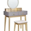 Schminktisch Mit Rundem Led-Spiegel Hocker 4 Schubladen Grau / Gold Fedry