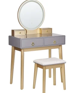 Schminktisch Mit Rundem Led-Spiegel Hocker 4 Schubladen Grau / Gold Fedry