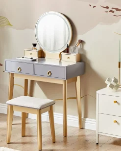 Schminktisch Mit Rundem Led-Spiegel Hocker 4 Schubladen Grau / Gold Fedry