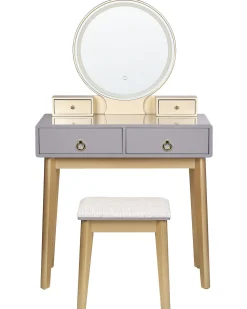 Schminktisch Mit Rundem Led-Spiegel Hocker 4 Schubladen Grau / Gold Fedry