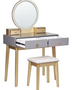 Schminktisch Mit Rundem Led-Spiegel Hocker 4 Schubladen Grau / Gold Fedry