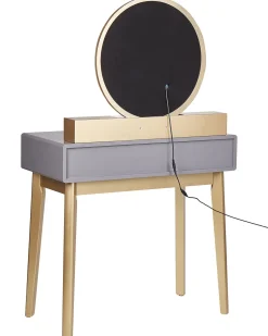 Schminktisch Mit Rundem Led-Spiegel Hocker 4 Schubladen Grau / Gold Fedry