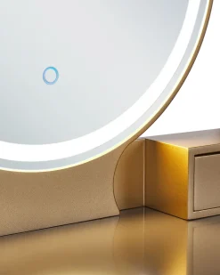 Schminktisch Mit Rundem Led-Spiegel Hocker 4 Schubladen Grau / Gold Fedry