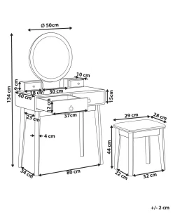 Schminktisch Mit Rundem Led-Spiegel Hocker 4 Schubladen Grau / Gold Fedry