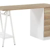 Schreibtisch Heller Holzfarbton / Weis 140 X 60 Cm 5 Schubladen Heber