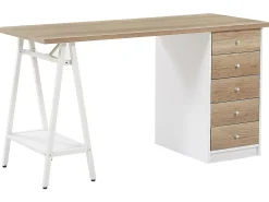 Schreibtisch Heller Holzfarbton / Weis 140 X 60 Cm 5 Schubladen Heber