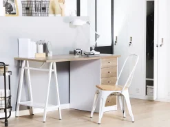 Schreibtisch Heller Holzfarbton / Weis 140 X 60 Cm 5 Schubladen Heber