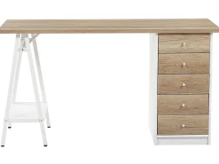 Schreibtisch Heller Holzfarbton / Weis 140 X 60 Cm 5 Schubladen Heber