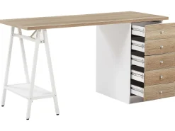 Schreibtisch Heller Holzfarbton / Weis 140 X 60 Cm 5 Schubladen Heber