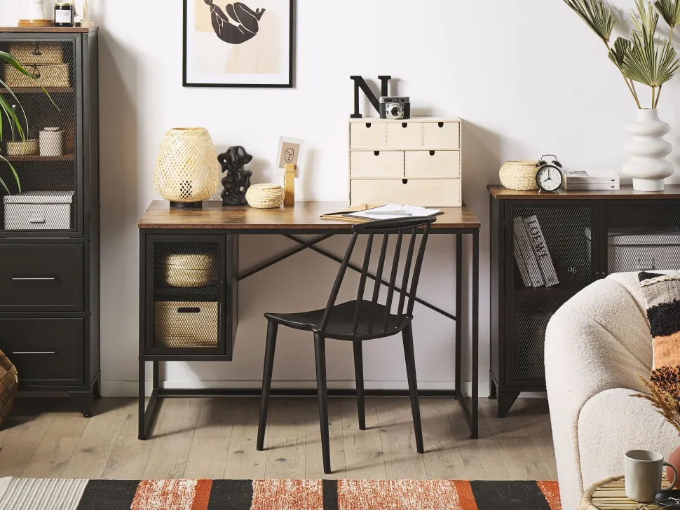 Schreibtisch Mit Schrank Dunkler Holzfarbton / Schwarz 118 X 60 Cm Vince