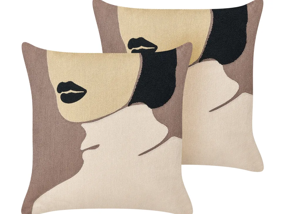 Set Of 2 Cotton Cushions Female Motif 45 X 45 Cm Brown And Beige Silphium