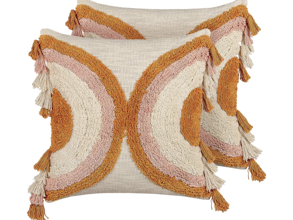 Set Of 2 Tufted Cotton Cushions With Tassels 45 X 45 Cm Multicolour Lablab