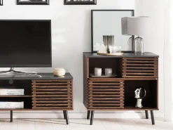 Sideboard Dunkler Holzfarbton Verschiebbare Turen Perth