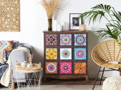 Sideboard Dunkler Holzfarbton / Bunt 6 Schranke 3 Schubladen Kuma