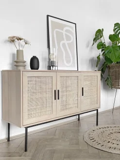 Sideboard Heller Holzfarbton 3 Rattan-Turen Pasco