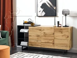 Sideboard Heller Holzfarbton / Schwarz 3 Schubladen 2 Turen Fiora