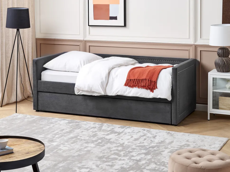 Tagesbett Ausziehbar Cord Dunkelgrau Lattenrost 90 X 200 Cm Mimizan