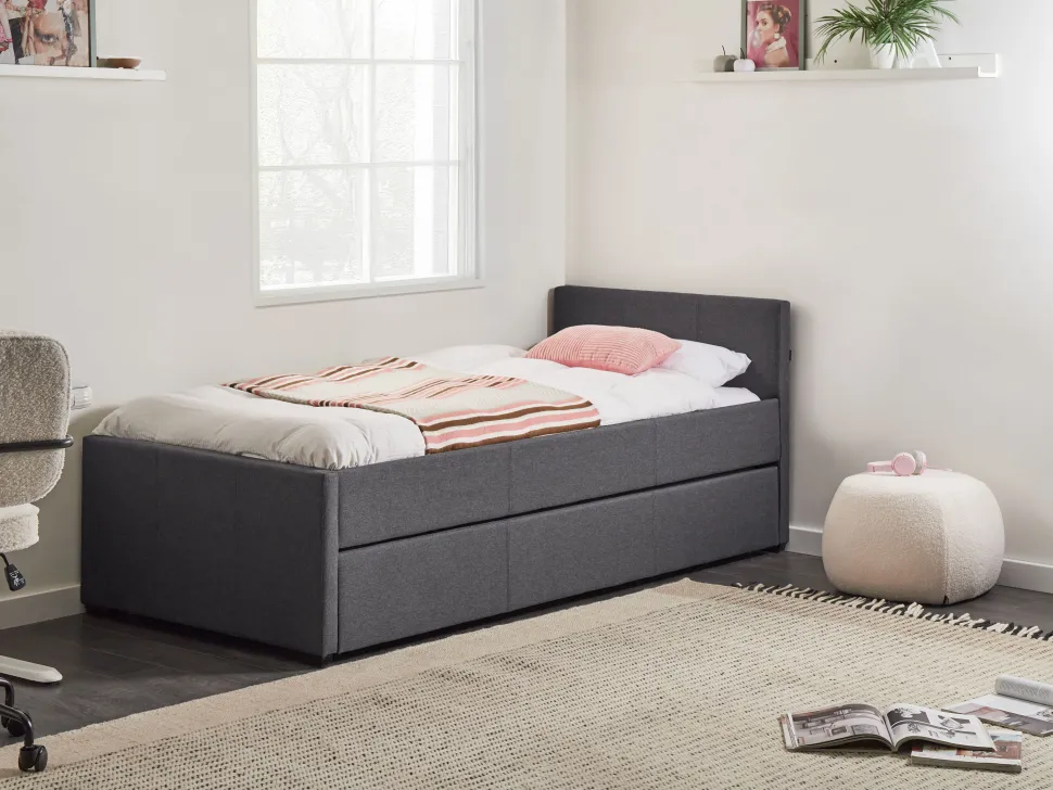 Tagesbett Ausziehbar Polsterbezug Dunkelgrau Leinenoptik Lattenrost 90 X 200 Cm Marmande