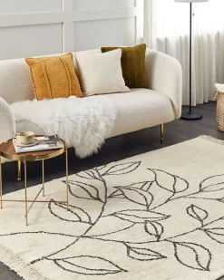 Teppich Baumwolle Beige / Schwarz 160 X 230 Cm Blumenmuster Kurzflor Sazli