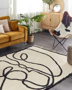 Teppich Baumwolle Beige / Schwarz 160 X 230 Cm Gesichtsmotiv Kurzflor Konur