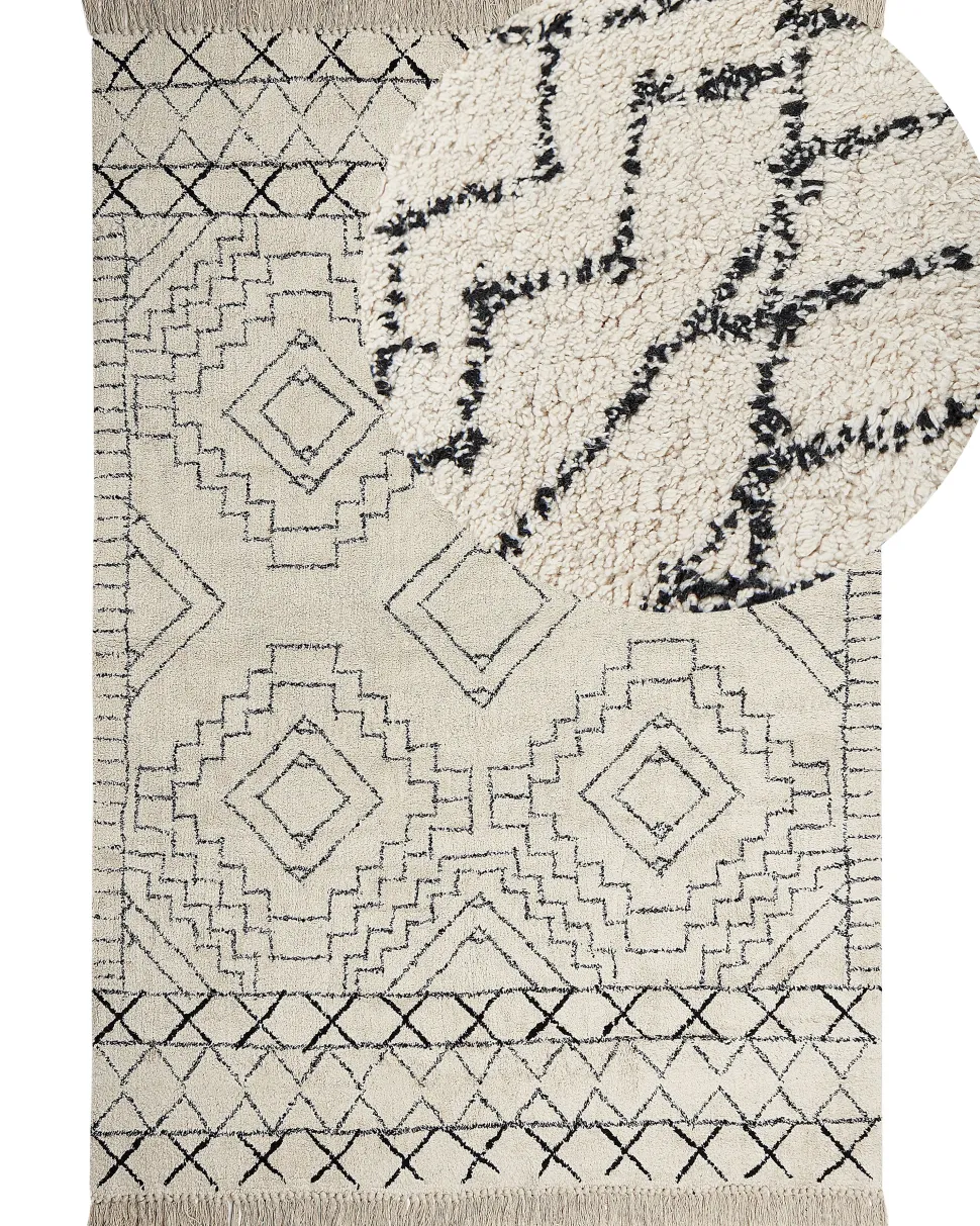 Teppich Baumwolle Beige / Schwarz Geometrisches Muster 160 X 230 Cm Kurzflor Zeyne
